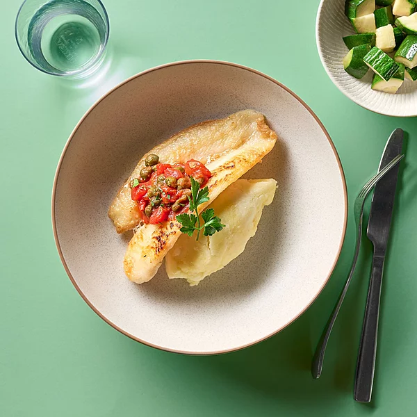 Italian Baked Fish In Tomato Herb Sauce With Mashed Potato, Zucchini