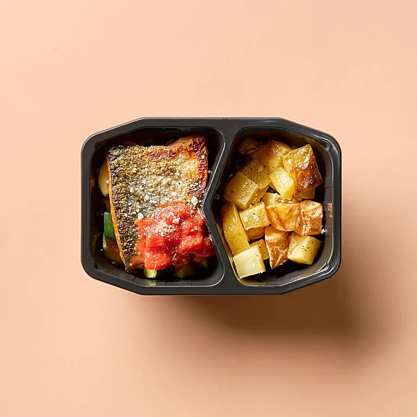 Salmon With Tomato Sauce, Roasted Potato, Zucchini (Blended/Minced)