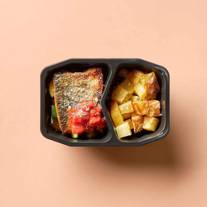 Salmon With Tomato Sauce, Roasted Potato, Zucchini (Blended/Minced)