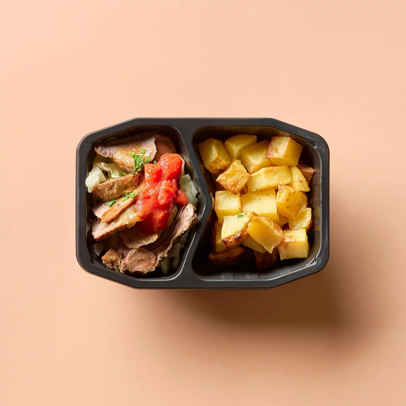 Roasted Pork, Tomato Sauce, Roasted Potato, Cabbage (Blended/Minced)