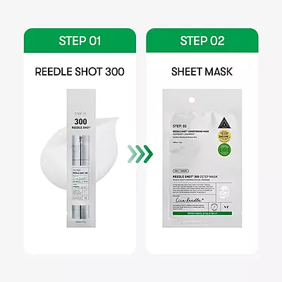 VT REEDLE SHOT 300 2 STEPS MASK. Step 1 ampoule and Step 2 sheet mask – intensive skincare treatment