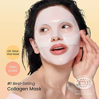 Model wearing BIODANCE collagen sheet mask for lifting, hydration, and glow