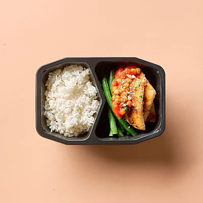 Indian Roasted Curry Fish With Spiced Chickpeas, Rice, Green Beans