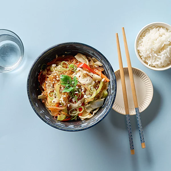 Korean Japchae – Stir-Fried Glass Noodles With Beef, Vegetables, Rice, Cabbage