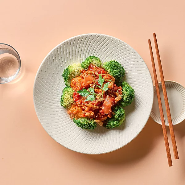 Vietnamese Tofu And Pork In Tomato Sauce, With Rice, Broccoli