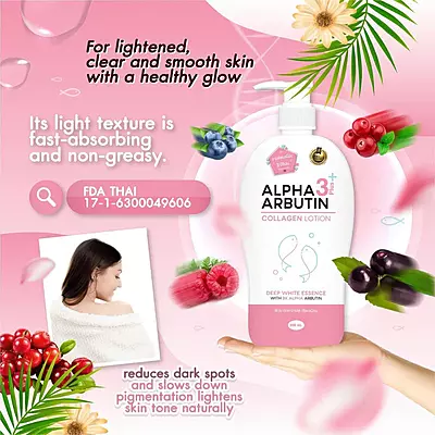 Alpha Arbutin 3 Plus Collagen Body Lotion packaging with key ingredients