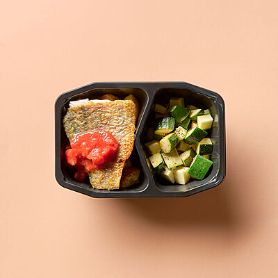 Fish with Tomato Sauce, Roasted Potato, Zucchini