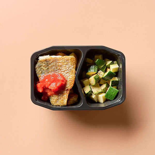 Fish with Tomato Sauce, Roasted Potato, Zucchini