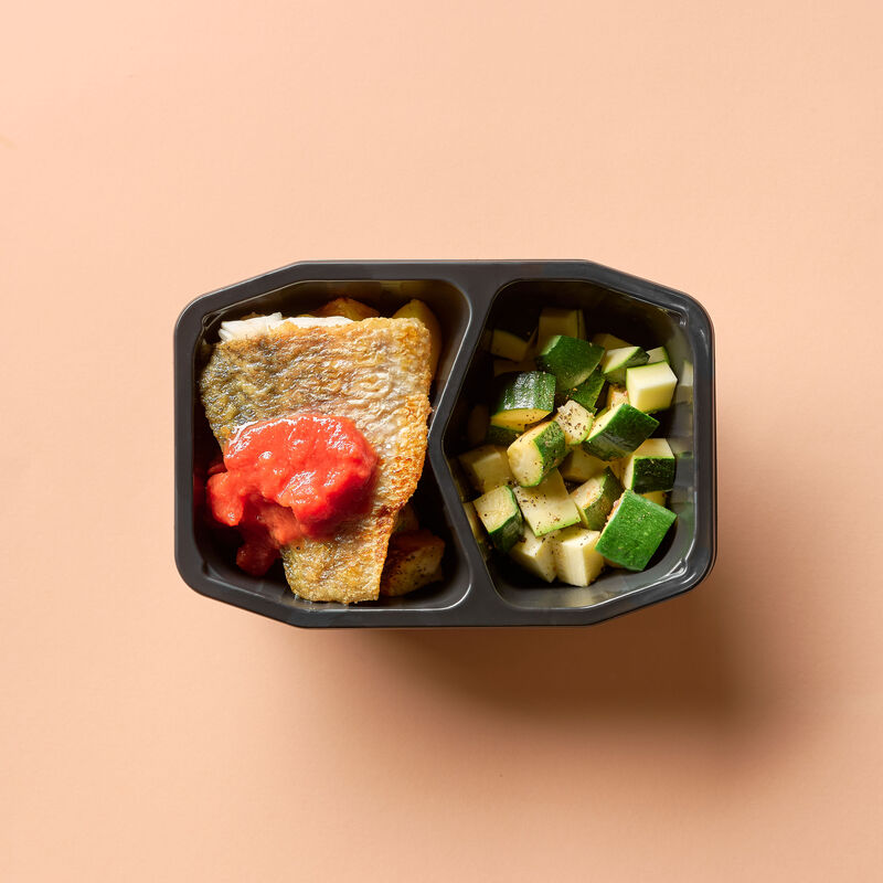 Fish with Tomato Sauce, Roasted Potato, Zucchini
