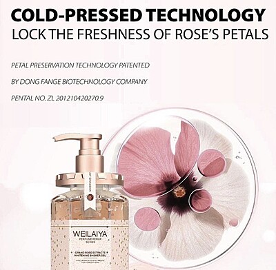 Rose extract and shower gel flat lay – pampering skincare ingredients